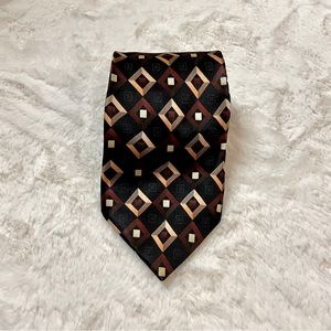 Kilburne and Finch silk geometric pattern necktie, black, deep sienna and gold